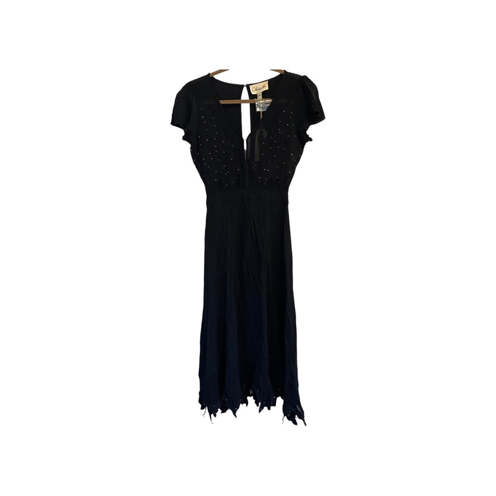 Cleobella Dress XS Black Midi Embellished Short Sleeve‎ Bohemian Festival